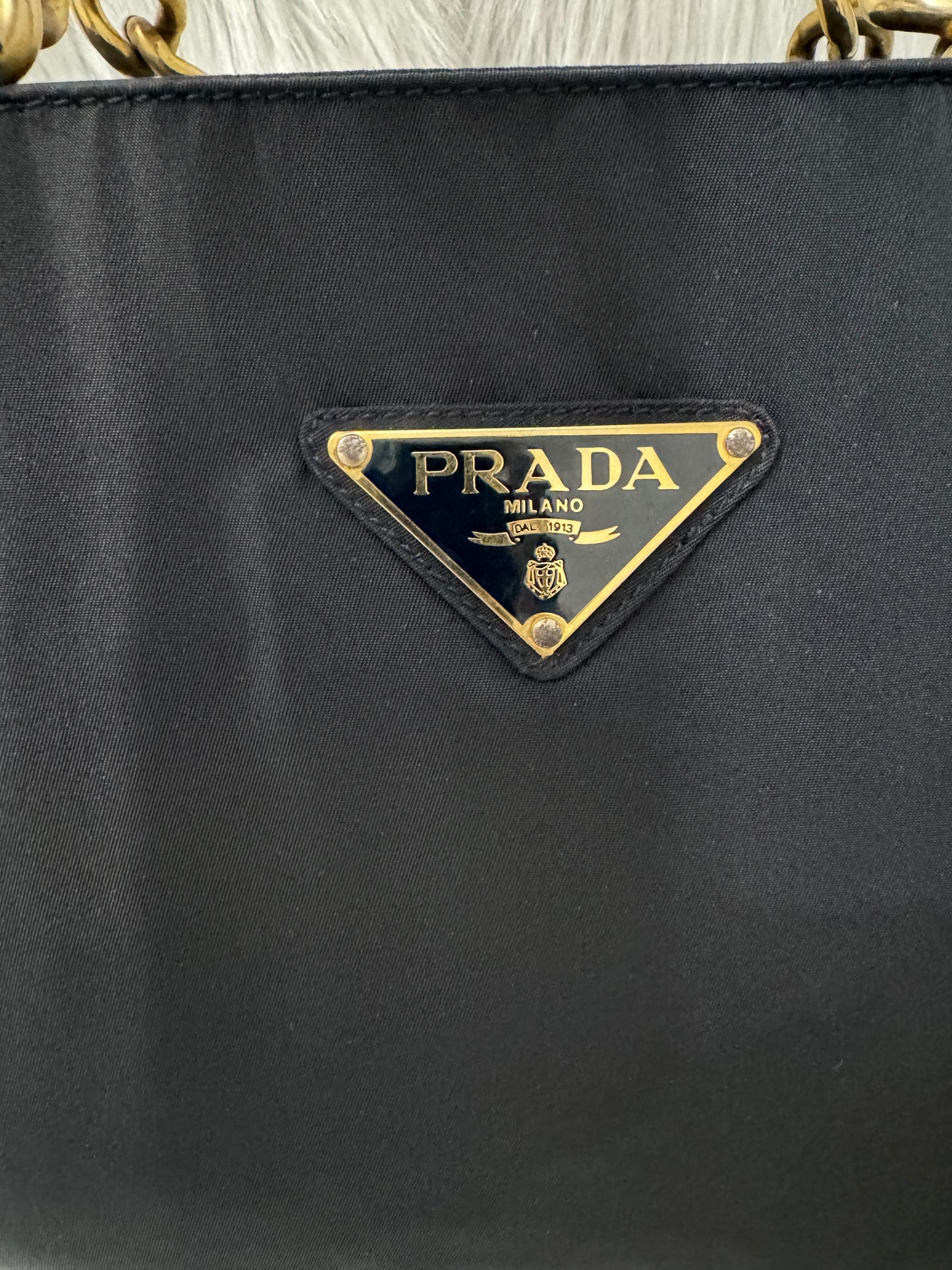 Prada Tessuto Navy Blue Metal Handle Handbag