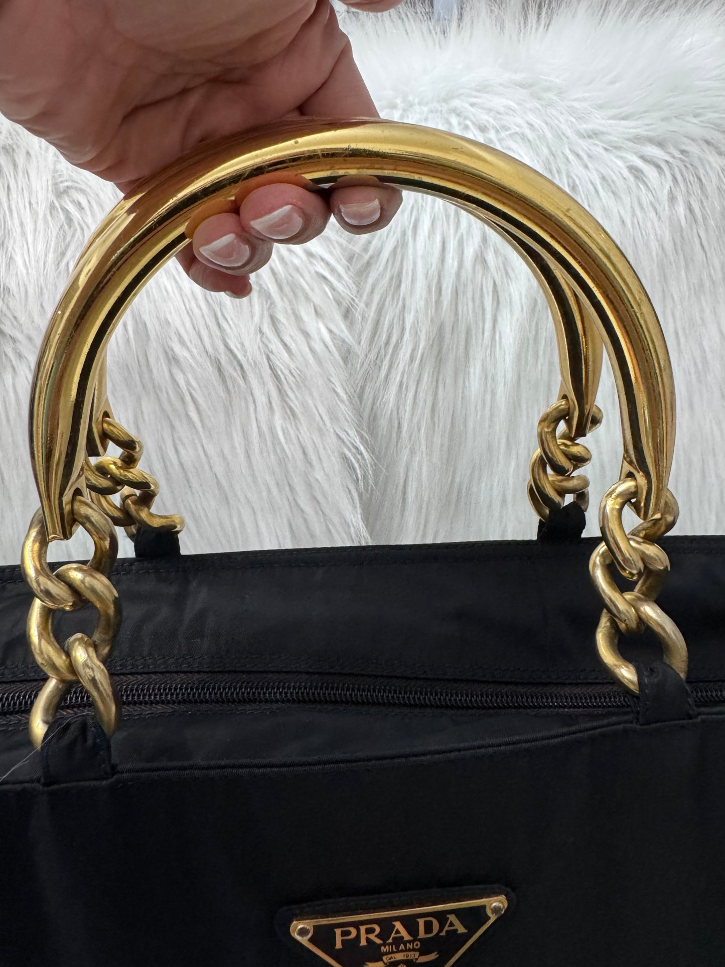 Prada Tessuto Navy Blue Metal Handle Handbag