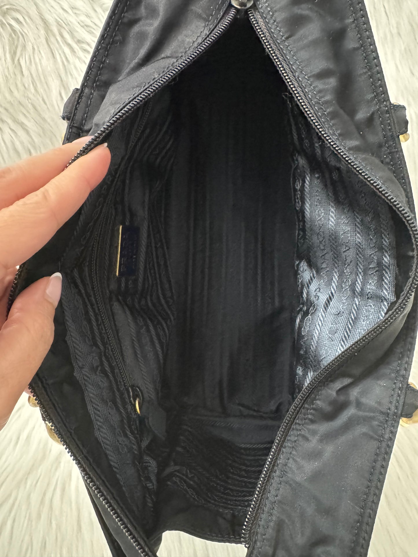 Prada Tessuto Navy Blue Metal Handle Handbag