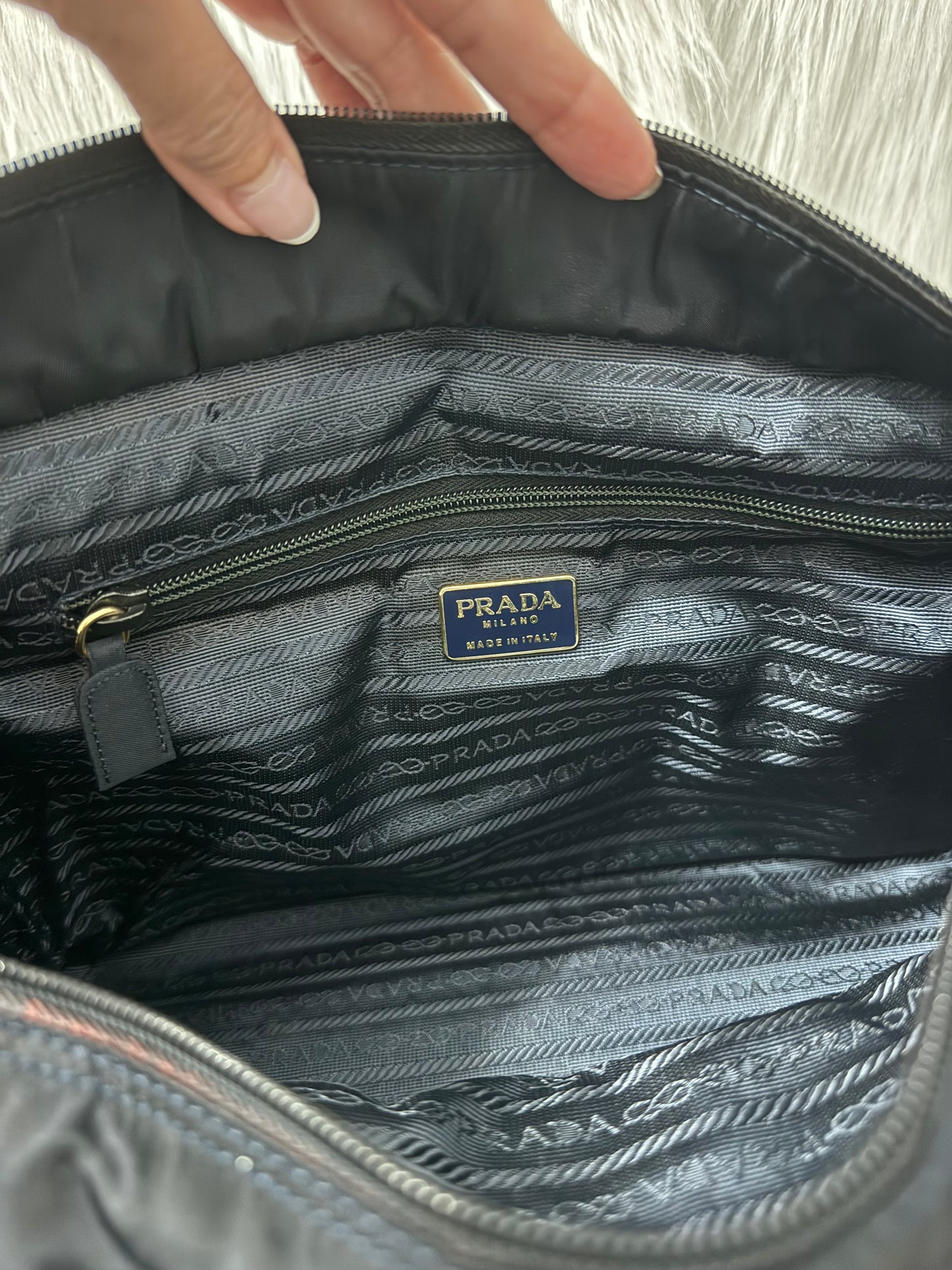 Prada Tessuto Navy Blue Metal Handle Handbag