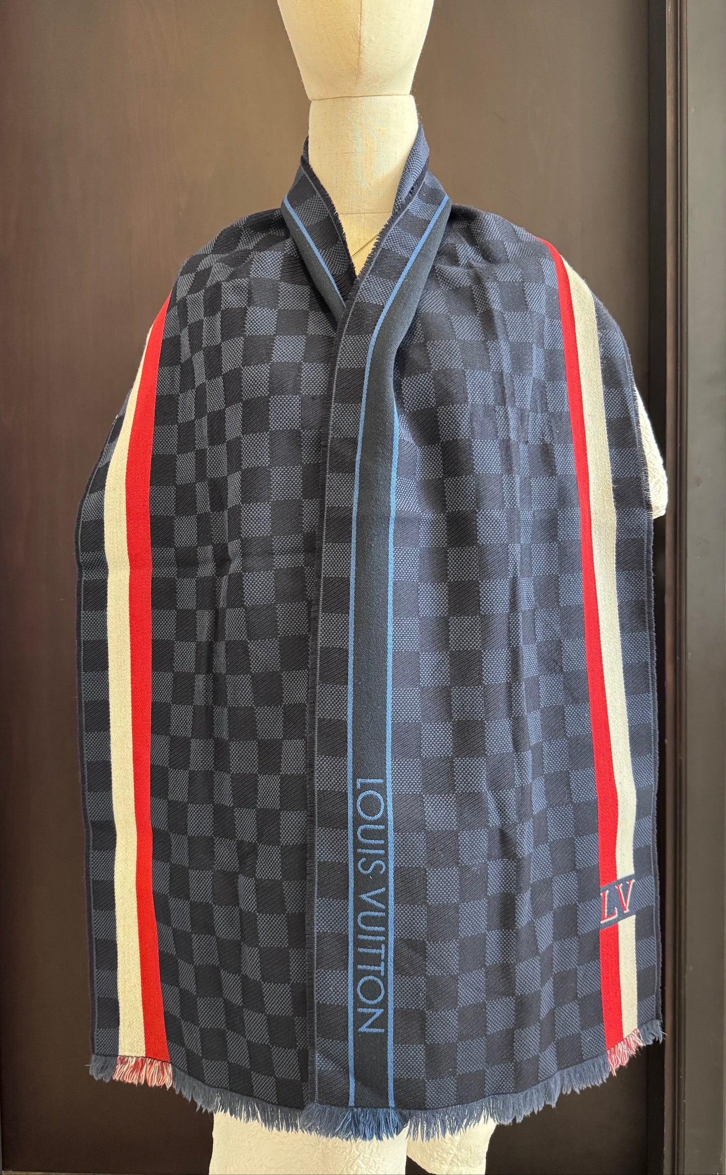 Louis Vuitton Wool Fringed Scarf Navy & Red