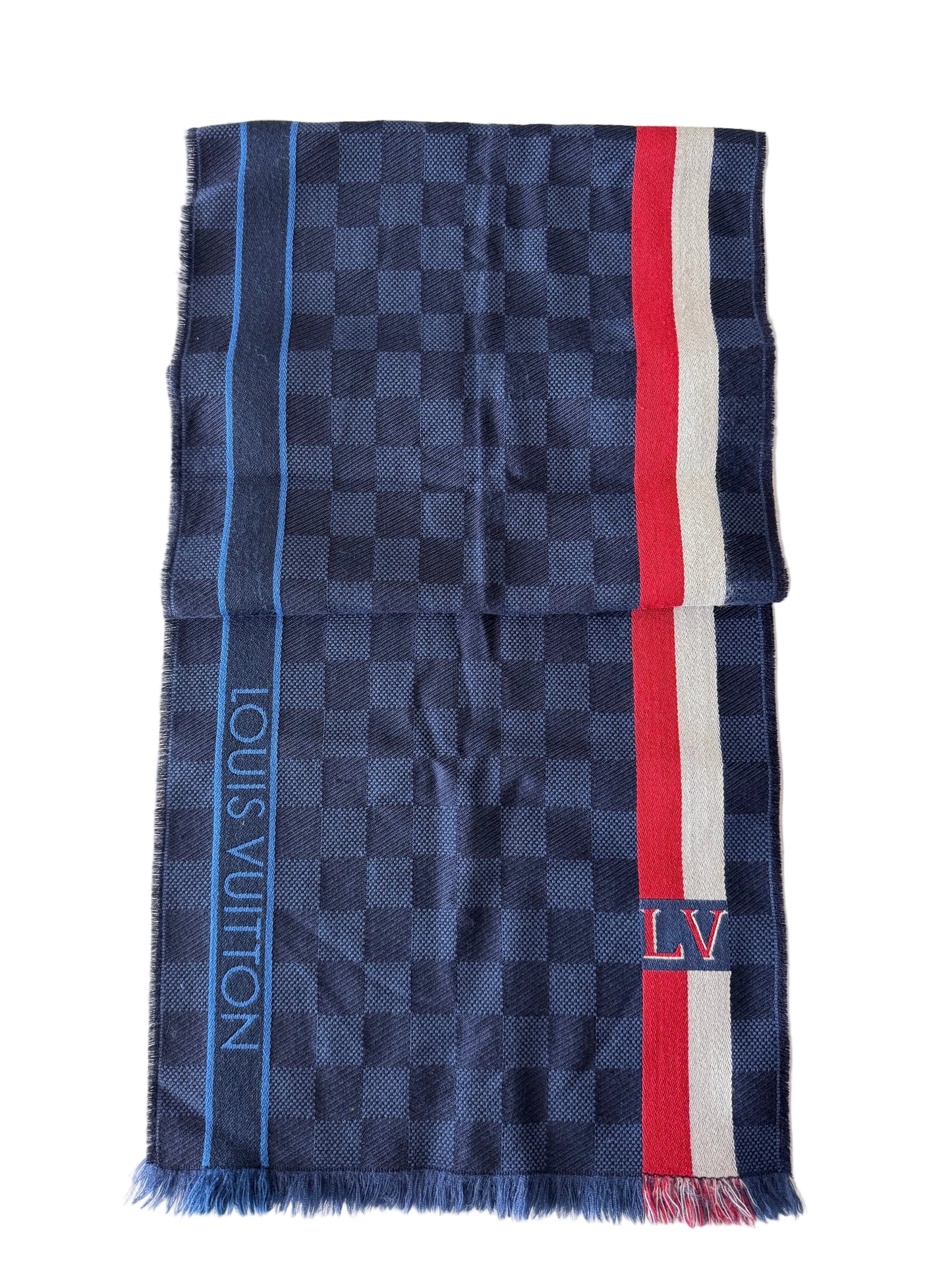 Louis Vuitton Wool Fringed Scarf Navy & Red