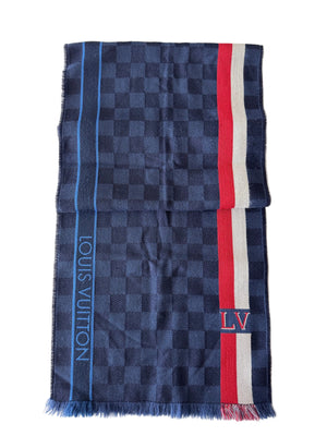 Louis Vuitton Wool Fringed Scarf Navy & Red