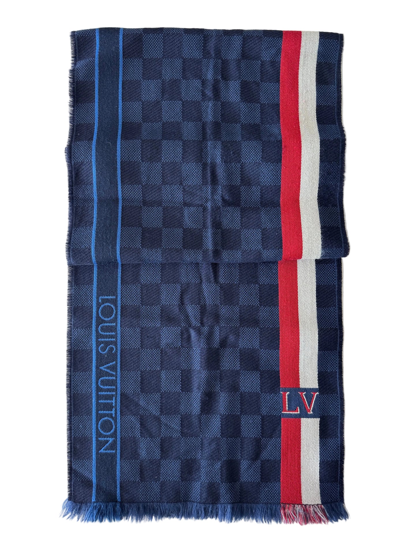 Louis Vuitton Wool Fringed Scarf Navy & Red