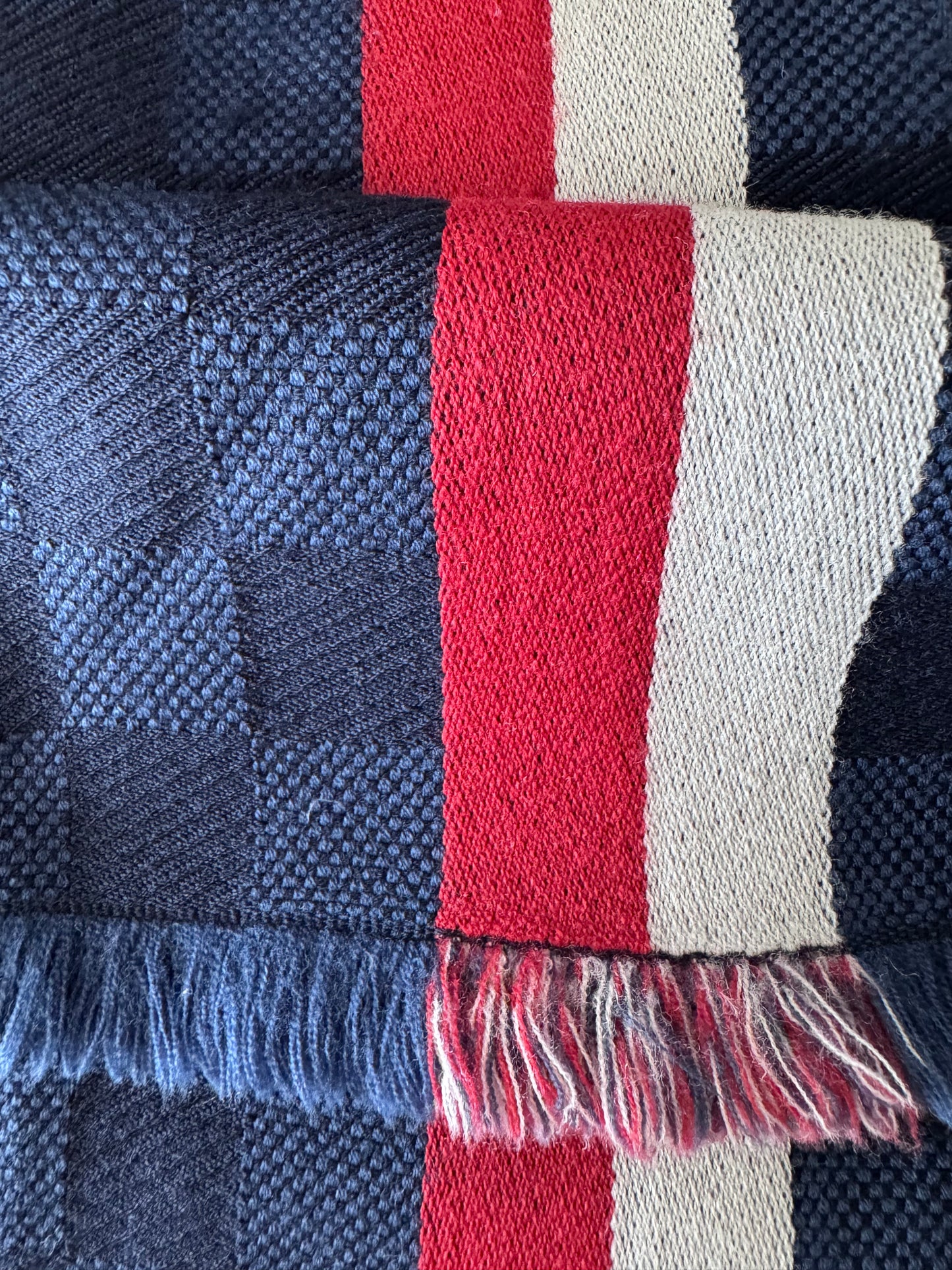 Louis Vuitton Wool Fringed Scarf Navy & Red