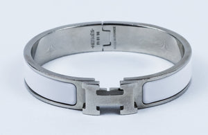 Hermes Clic Clac H White Enamel Palladium Plated Narrow Bracelet PM