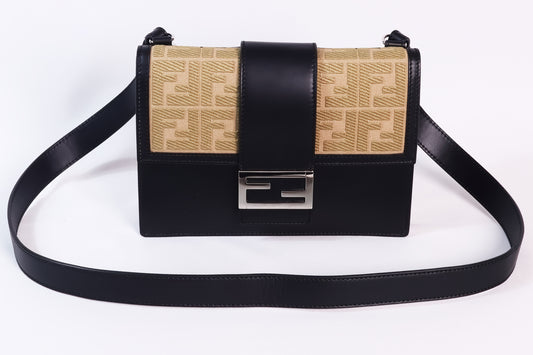 Fendi FF Flat Baguette Leather Crossbody Bag Black