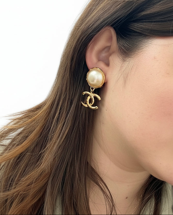 Chanel CC Logo Coco Mark Pearl Drop Earrings